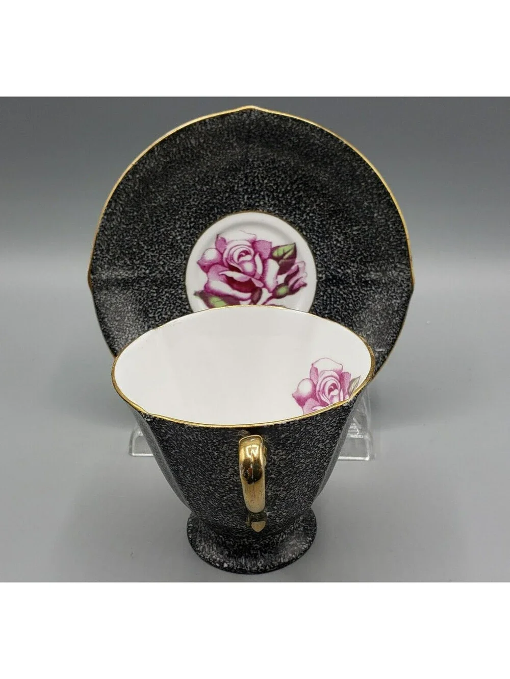 Vintage Roslyn Teacup & Saucer Fine Bone China Black Pink Tea Rose Elegant
